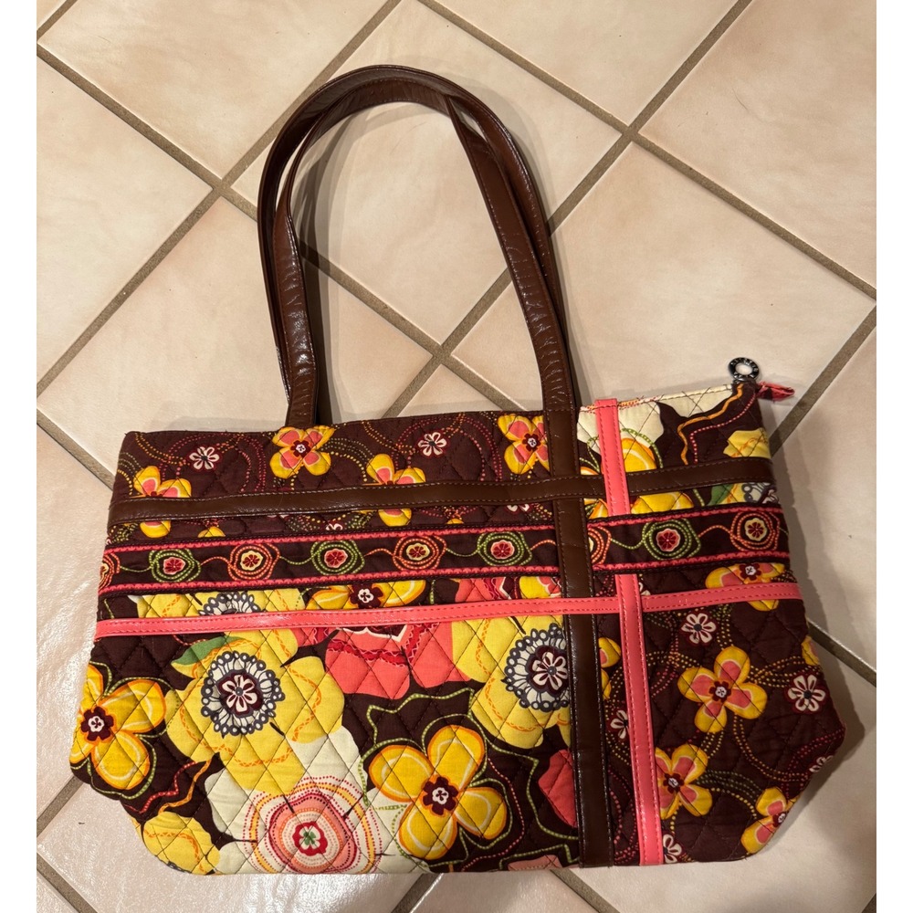 Vera Bradley Buttercup Pattern Tote Purse  Brown Pink Faux Leather Strap